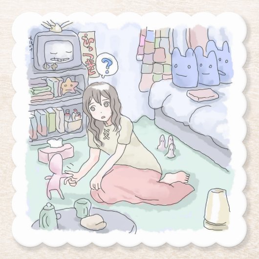 さにしれじ 緑のカーペットが敷いてある寝室でへたり込んでいる女性のイラスト UNTERSETZER (Vorderseite)