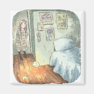 さやいしじ　水色の壁、橙色の床のお部屋で隅っこに立っている女性のイラスト MAGNET