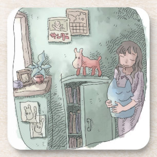 さやさくじ　水色のお部屋の隅の暗がりでぬいぐるみを持って目を閉じる女性のイラスト GETRÄNKEUNTERSETZER