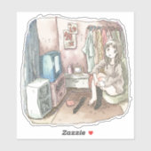 さやしくじ 衣類のかけてある部屋の座椅子に座ってテレビを見ながら靴下をはいている女性のイラスト AUFKLEBER (Blatt)
