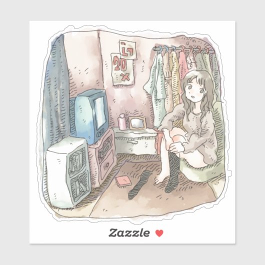 さやしくじ 衣類のかけてある部屋の座椅子に座ってテレビを見ながら靴下をはいている女性のイラスト AUFKLEBER (Blatt)