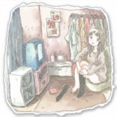 さやしくじ 衣類のかけてある部屋の座椅子に座ってテレビを見ながら靴下をはいている女性のイラスト AUFKLEBER (Vorderseite)