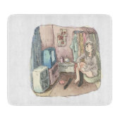 さやしくじ　衣類のかけてある部屋の座椅子に座ってテレビを見ながら靴下をはいている女性のイラスト SCHNEIDEBRETT (Vorderseite)