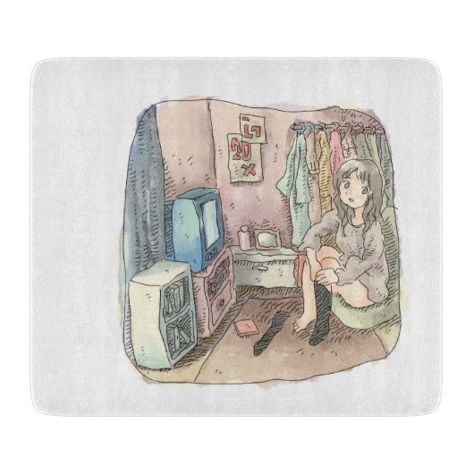 さやしくじ　衣類のかけてある部屋の座椅子に座ってテレビを見ながら靴下をはいている女性のイラスト SCHNEIDEBRETT (Vorderseite)