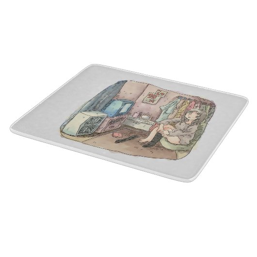 さやしくじ　衣類のかけてある部屋の座椅子に座ってテレビを見ながら靴下をはいている女性のイラスト SCHNEIDEBRETT (Ecke)