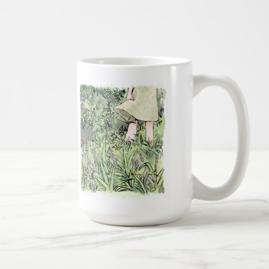 されしなじ つくしの生えている春風の吹く緑の草原に立つ女性の足元の水彩イラスト KAFFEETASSE (Rechts)