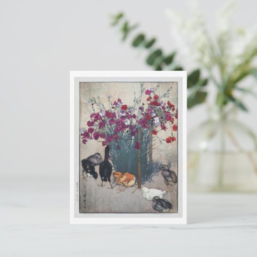 ひ こ, Dianthus & Chicks, Hiroshi Yoshida, Woodcut Postkarte (Stehend Vorderseite)