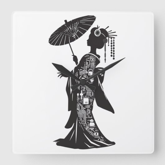 アクリル壁時計、芸者シルエット QUADRATISCHE WANDUHR (Vorderseite)