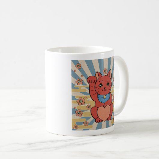 アマビエ 疫病退散 & 招き猫 無病息災 Amabie & Red Cat Healing Kaffeetasse (VorderseiteRechts)