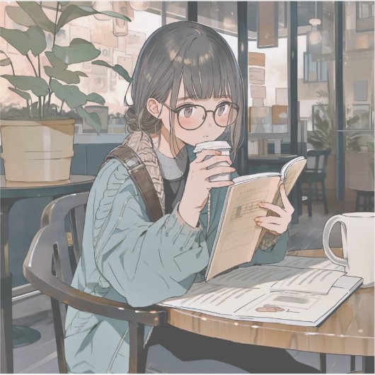 カフェで勉強するJKシール|寿司娘 GenerativeAI Aufkleber (Vorderseite)