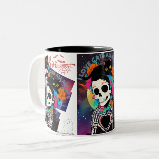 ツートーンマグカップ, 325 ml**スカル＆ブラックキャット ハロウィンマグカップ  zweifarbige tasse (Vorderseite Links)