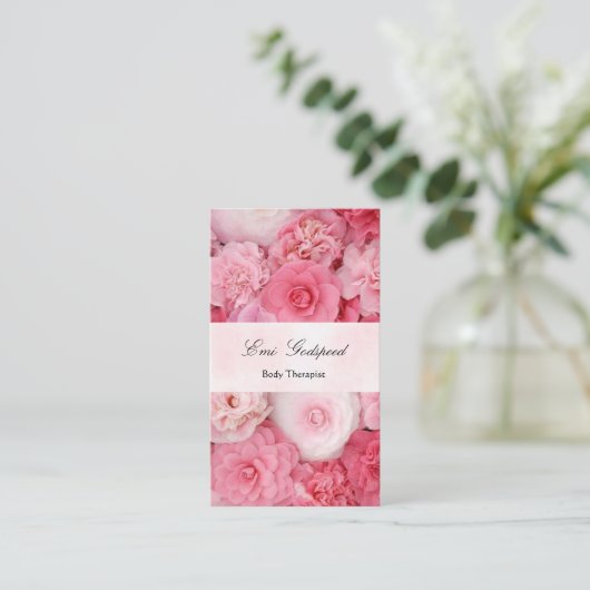 ピンクの花のかわいい名刺 VISITENKARTE (Stehend Vorderseite)