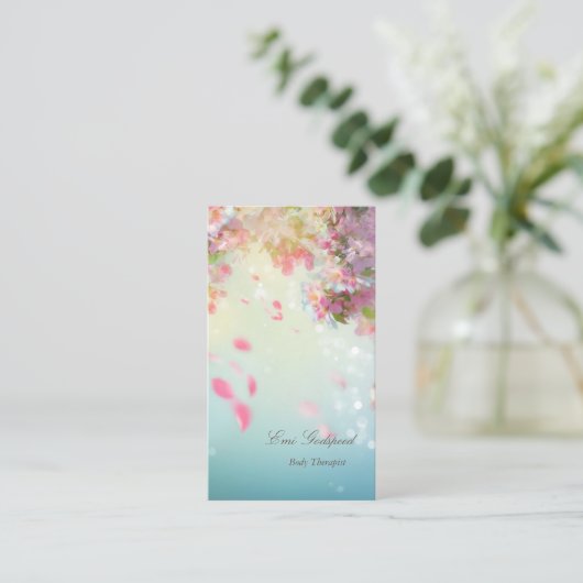 ピンクの花びらが舞うオシャレな名刺 VISITENKARTE (Stehend Vorderseite)