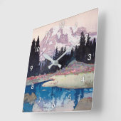レ ア 山, Berg Rainier, Hiroshi Yoshida, Woodcut Quadratische Wanduhr (Winkel)