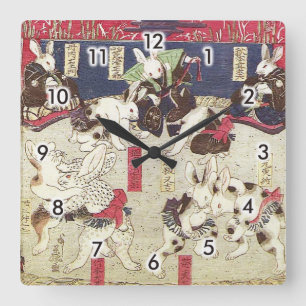 兎 相 撲, 芳 Sumo Rabbits, Yoshifuji, Ukiyo-e, Quadratische Wanduhr