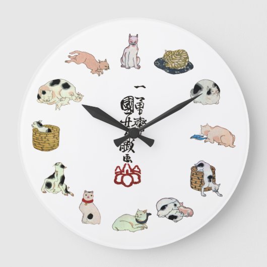 其のまま地口猫飼好五十三疋, 国芳 Katzen, Kuniyoshi, Ukiyo-e Große Wanduhr (Vorderseite)