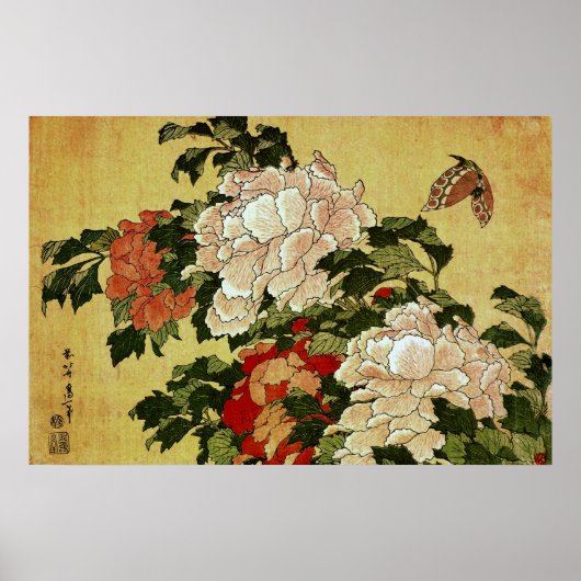 北 斎 Hokusai Peonies & Butterflies Kunstkunst Poster (Vorne)