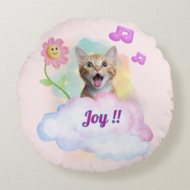 可愛い『Joy!!』おしゃべりねこ♡ Rundes Kissen (Vorderseite)