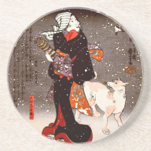 國 芳 Frau & Hund in Snow Kuniyoshi Kunst, Dicht Getränkeuntersetzer