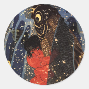 坂 田 金 時 巨 鯉, と, , Sakata Kintoki & Huge Carp, Kuni Runder Aufkleber