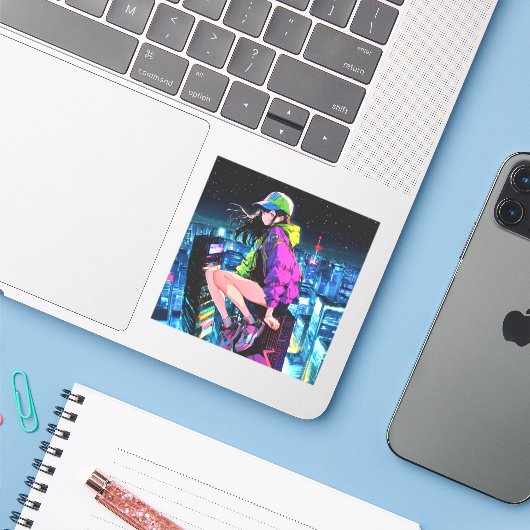 夜景JKのシール Seal|寿司娘 GenerativeAI Aufkleber (Laptop mit iPhone)