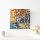 奥入瀬の秋, Herbst bei Oirase, Hasui Kawase, Quadratische Wanduhr (Zuhause)