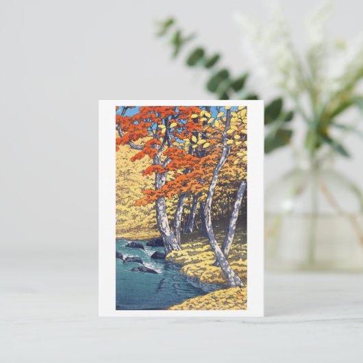 奥 入 瀬 秋, Herbst in Oirase, Hasui Kawase, Woodcut Postkarte (Stehend Vorderseite)