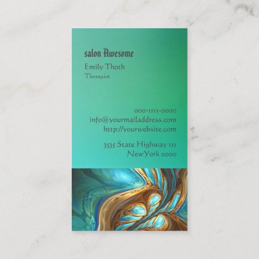 孔雀をイメージしたキレイな青と緑の VISITENKARTE (Rückseite)