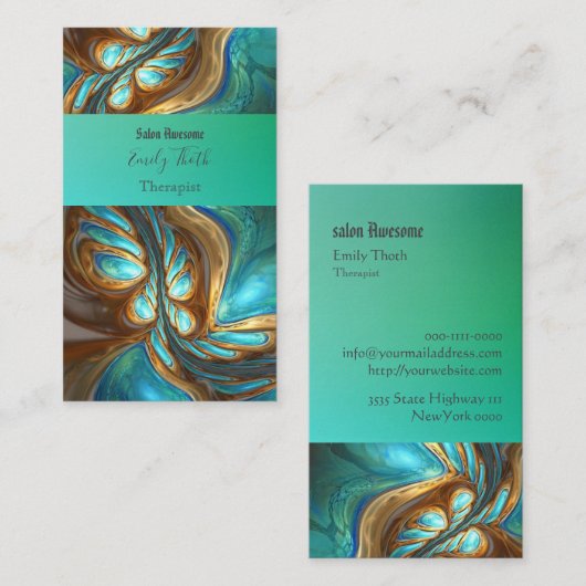 孔雀をイメージしたキレイな青と緑の VISITENKARTE (Vorne/Hinten)