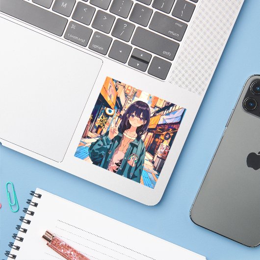 寿司娘アイコンシール seal｜GenerativeAI Aufkleber (Laptop mit iPhone)