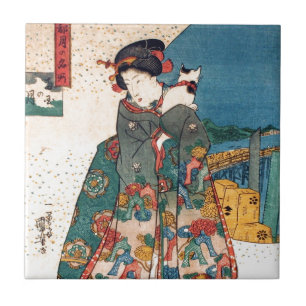少女と猫, 国芳 Mädchen mit Katze, Kuniyoshi, Ukiyo-e Fliese