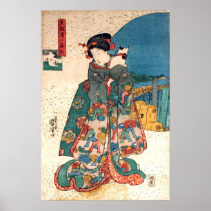 少 女 猫, 国 Mädchen mit Katze, Kuniyoshi, Ukiyo-e, 芳 Poster