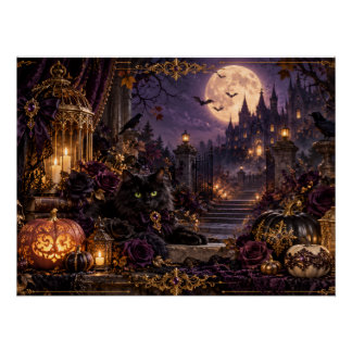 幻想的なゴシックハロウィン 黒猫と月夜のグロッシーポスター POSTER
