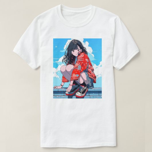 座るJK Tシャツ｜寿司娘 GenerativeAI T-Shirt (Design vorne)
