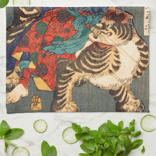 忍者と虎, 芳年 Ninja Held u. Tiger, Yoshitoshi, Ukiyo-e Geschirrtuch (Gefaltet)