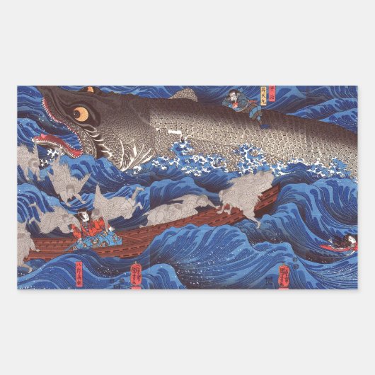 怪 鮫,国 Monsterhai, Kuniyoshi, Ukiyo-e物 Rechteckiger Aufkleber (Vorderseite)