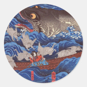 怪 鮫,国 Monsterhai, Kuniyoshi, Ukiyo-e物 Runder Aufkleber