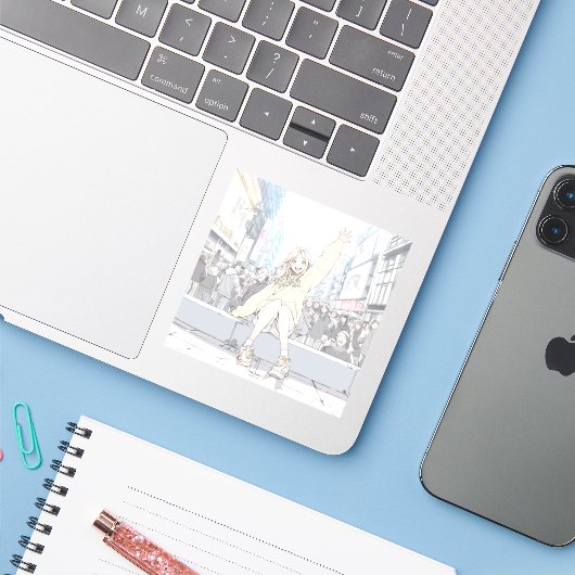 手を振るJKシール｜寿司娘 Seal GenerativeAI Aufkleber (Laptop mit iPhone)