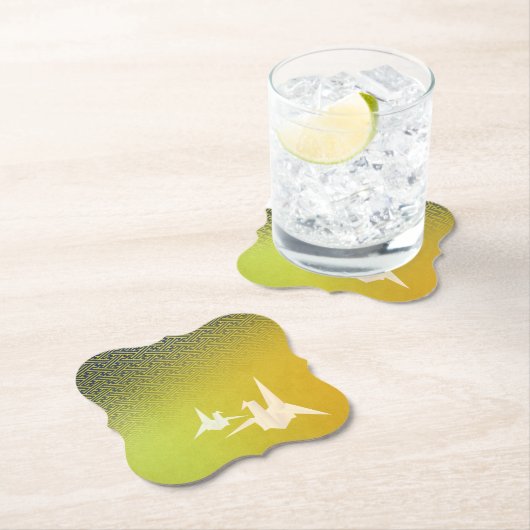 折鶴と紗綾形紋様(金地に紺青色)のペーパーコースター UNTERSETZER (Vor Ort)