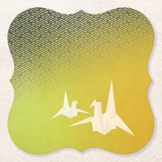 折鶴と紗綾形紋様(金地に紺青色)のペーパーコースター UNTERSETZER (Vorderseite)