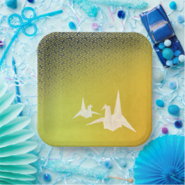 折鶴と紗綾形紋様（金地に紺青色）のペーパープレート PAPPTELLER