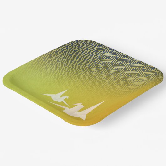 折鶴と紗綾形紋様(金地に紺青色)のペーパープレート PAPPTELLER (Gewinkelt)