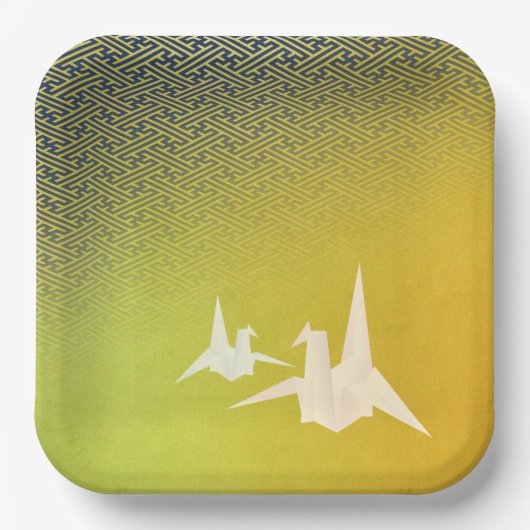 折鶴と紗綾形紋様(金地に紺青色)のペーパープレート PAPPTELLER (Vorderseite)