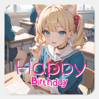 教室にいる猫耳の少女 QUADRATISCHER AUFKLEBER