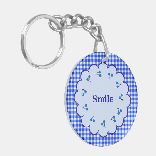 文字 カスタム チェリー×チェック(ブルー) キーホルダー SCHLÜSSELANHÄNGER (Vorderseite links)