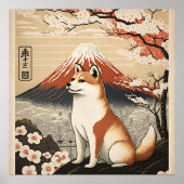 日本の伝統的なヴィンテージデザインを使用したアート作品 柴犬 富士山 花 POSTER (Vorne)