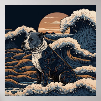 日本の伝統的なヴィンテージデザインを使用したアート作品　躍動感のある波と犬 POSTER