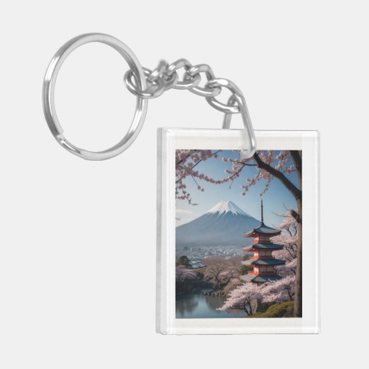 日本の春の最も美しい瞬間を凝縮したような一枚です。富士山を背景に、五重塔と満開の桜が描かれています。 SCHLÜSSELANHÄNGER (Vorderseite links)