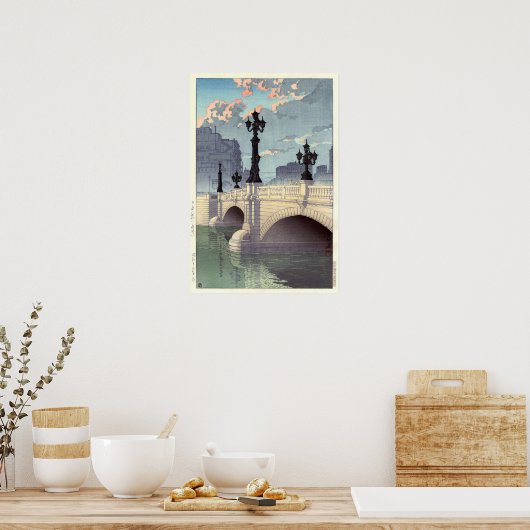 日 本 橋, Nihonbashi Bridge, Hasui Kawase, Woodcut Poster (Küche)