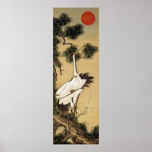 旭 日 松 図, 若 冲 Cranes & Morning Sun, Jakuchū Poster (Vorne)